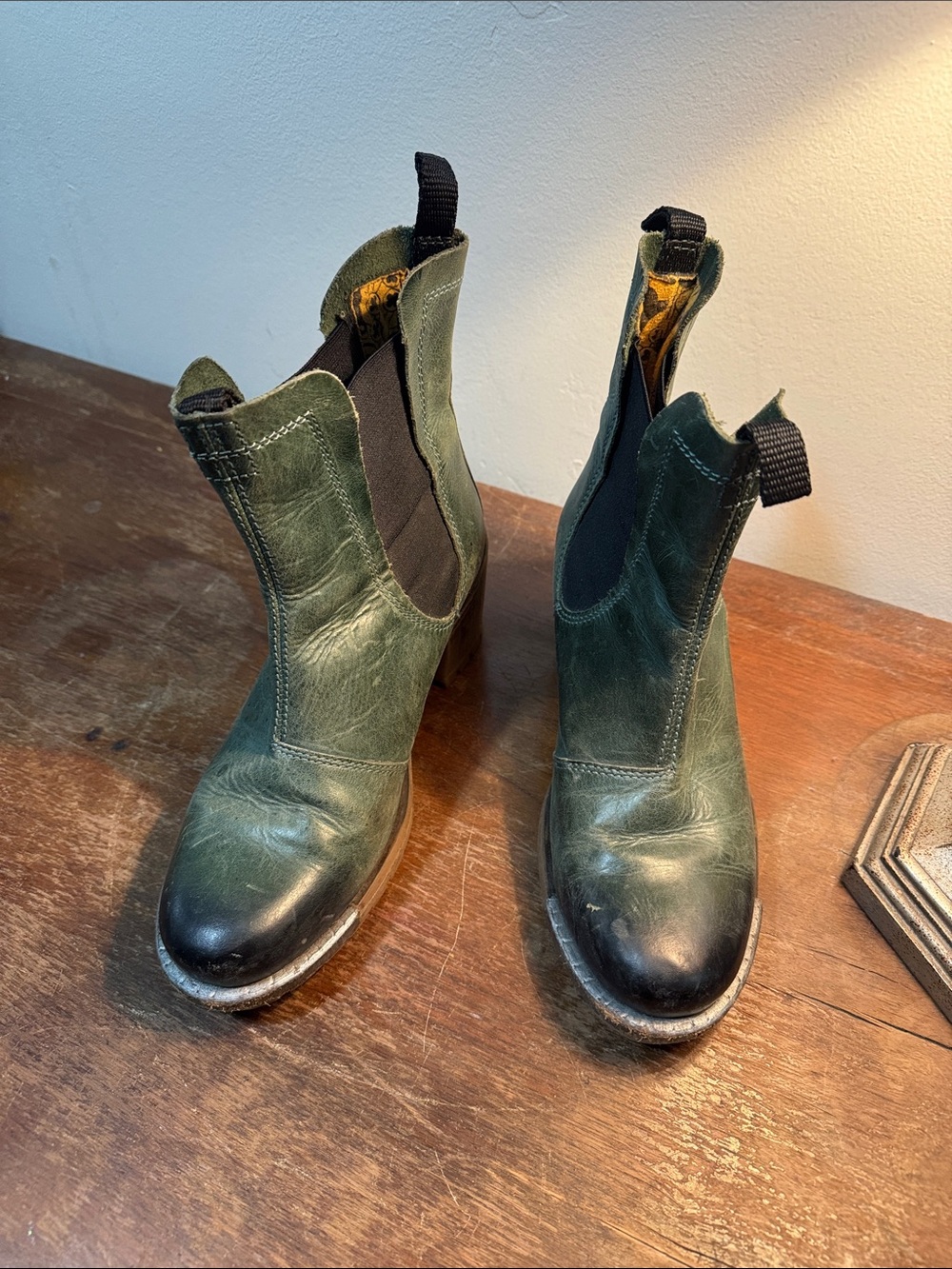 Fly London Dark Green Leather Chelsea Booties with Black Toe Caps